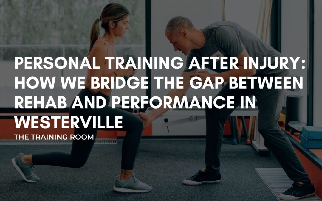 Trainer guiding post-rehab client through safe personal training in Westerville Ohio